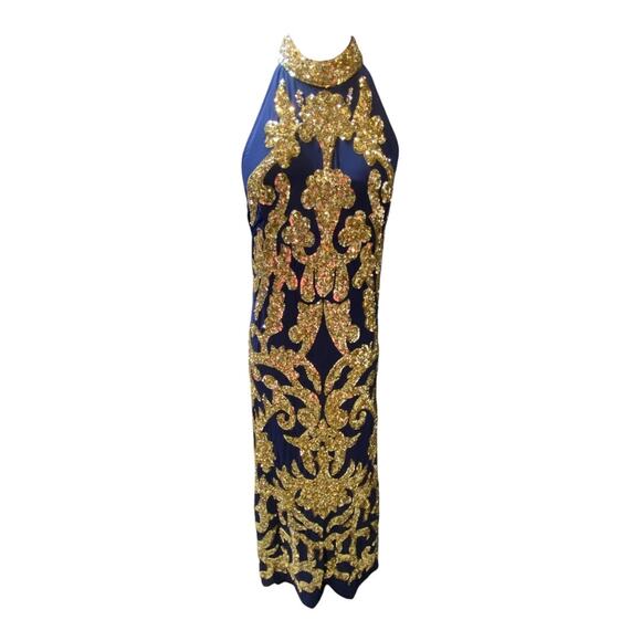 Frances Valentine M Goddess High Neck Open Back Formal Dress Blue Gold Sequin - Picture 3 of 8